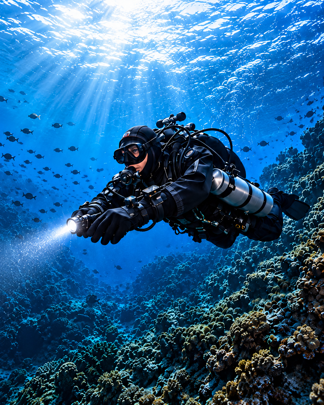 Technical diver exploring a sunlit reef